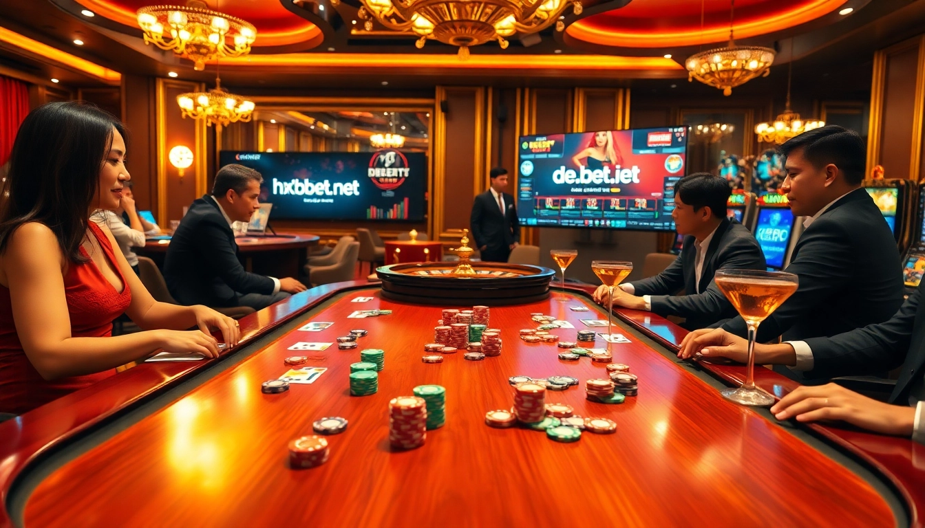 Experience thrilling poker action with vibrant chips and cards at https://debet.jp.net/, set in a luxurious casino atmosphere.