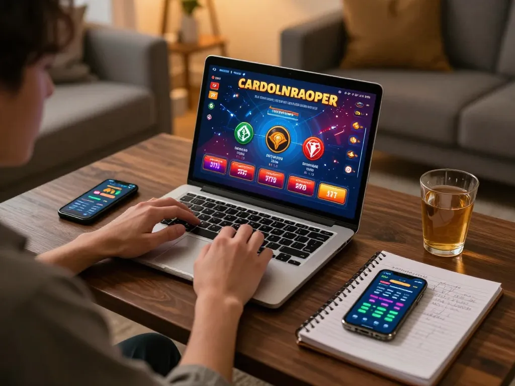 Engaging scene of a user focused on online hit club gambling strategy at home.