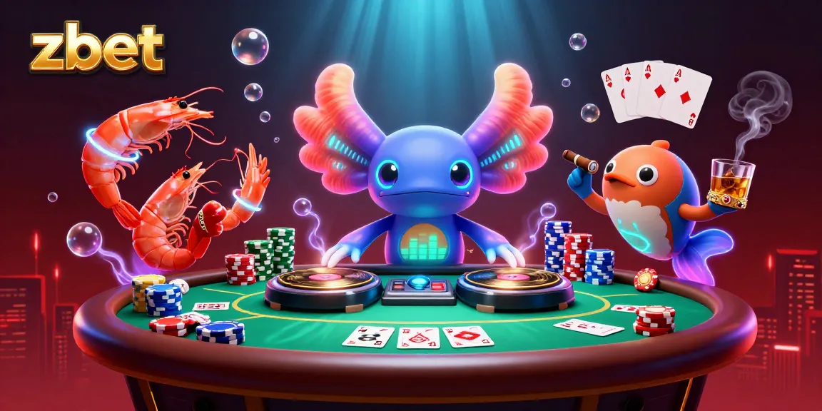 Zbet casino scene with a vibrant DJ axolotl, poker chips, and colorful gaming elements.