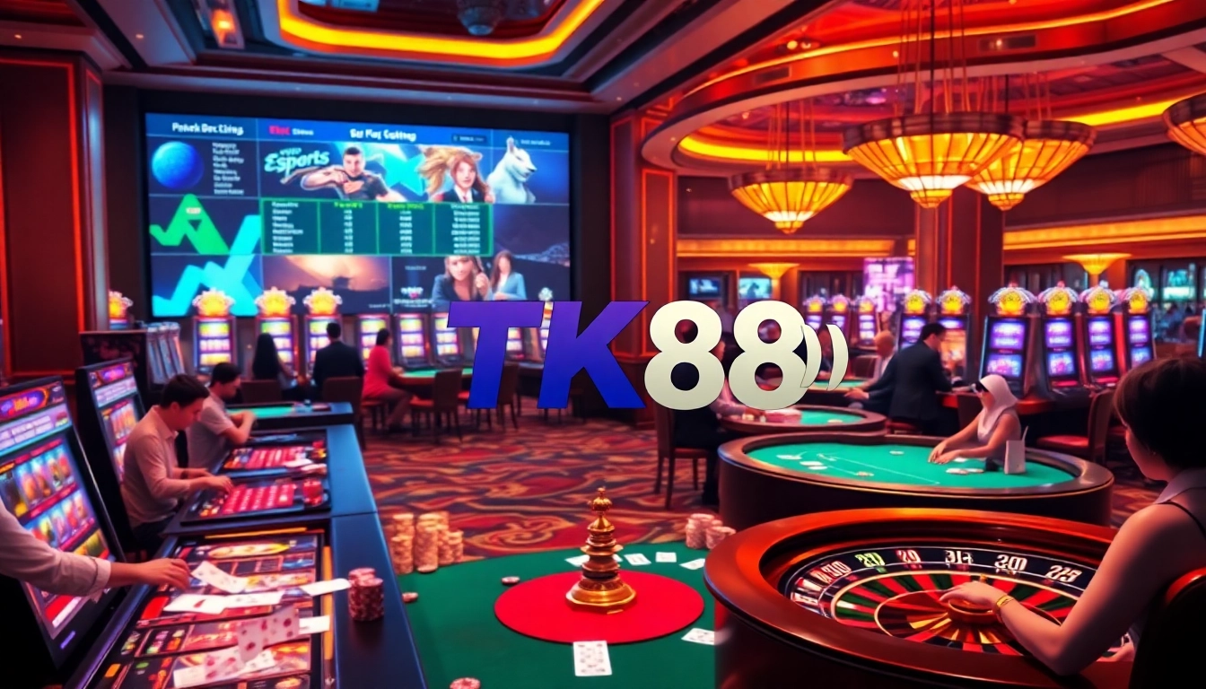 Experience the excitement of casino gaming with TK88's vibrant scene featuring rich betting tables and dynamic players.