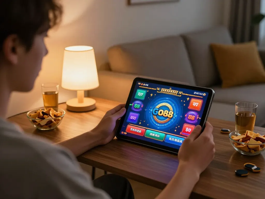 Enjoying Go88 online casino games on a tablet at home, showcasing dynamic gaming interface and cozy atmosphere