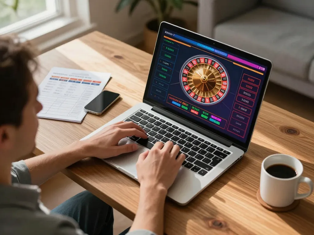 Kp88 player engaging in online casino gaming, focusing on roulette strategies during home session.