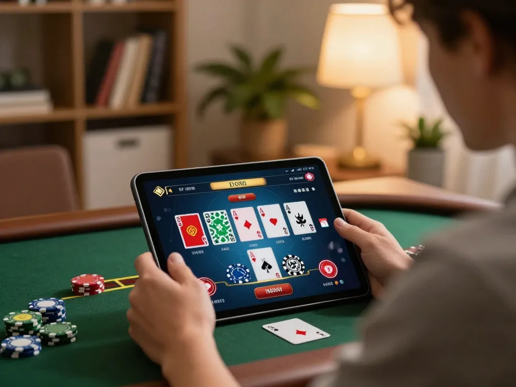Player enjoying online casino with tablet while exploring J88 Com gaming options.