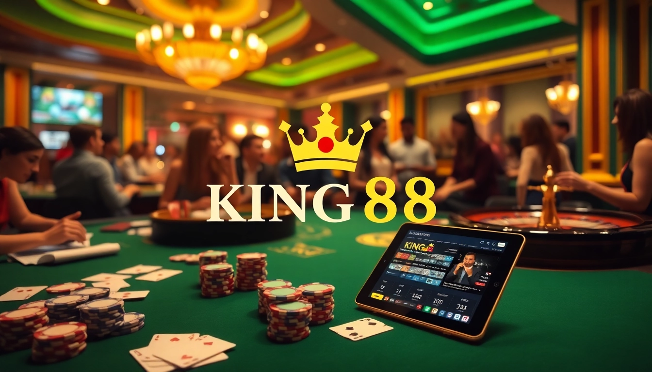 Experience the thrill of King88 at an exciting casino table with poker chips and cards.