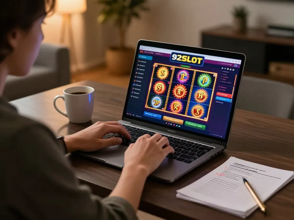 Person enjoying online gaming at https://92slot.net/ with laptop and strategy notes.