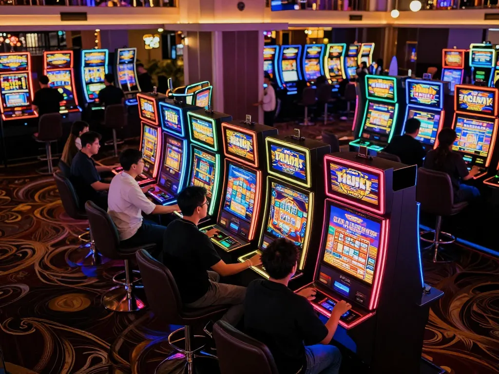 Players enjoying slot gacor wins under vibrant neon lights in a lively casino