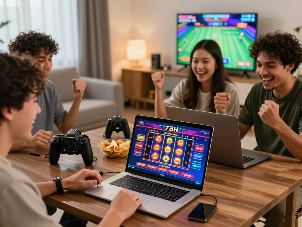 Friends enjoying BAIXA 73H gaming together in a cozy living room, showcasing vibrant devices and casino interfaces.