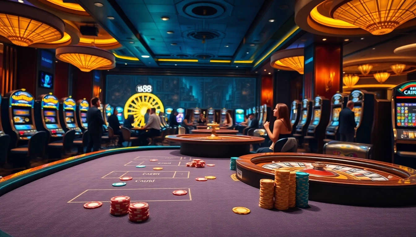 Engaged players gamble on a stunning poker table at tk88 casino, exhilarated by the vibrant atmosphere.