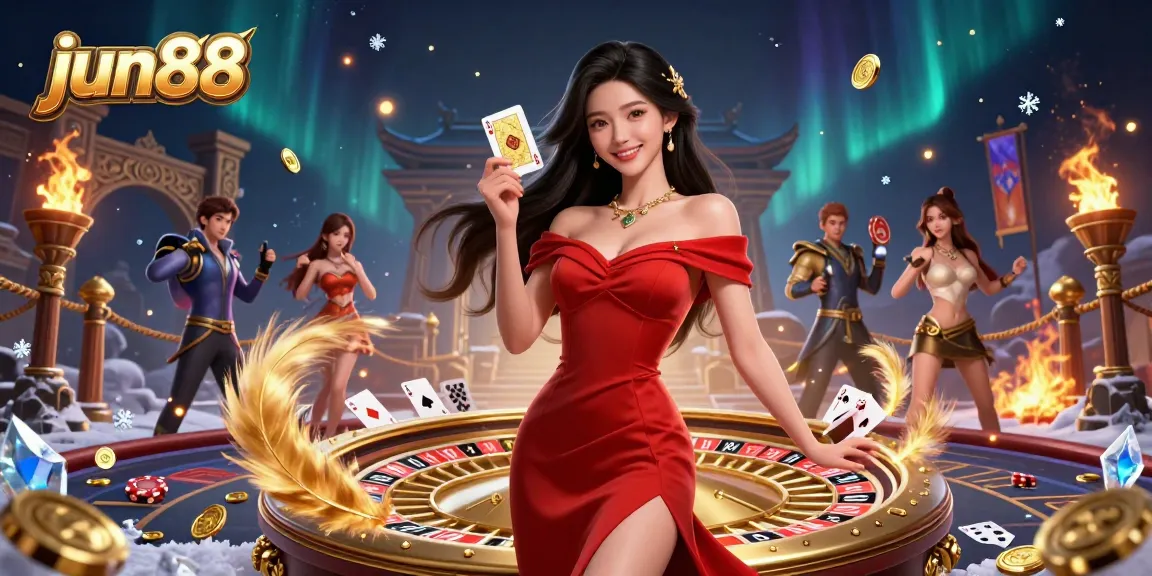 Experience the excitement of jun88 with a stunning illustration of a confident woman at the casino, holding a playing card.