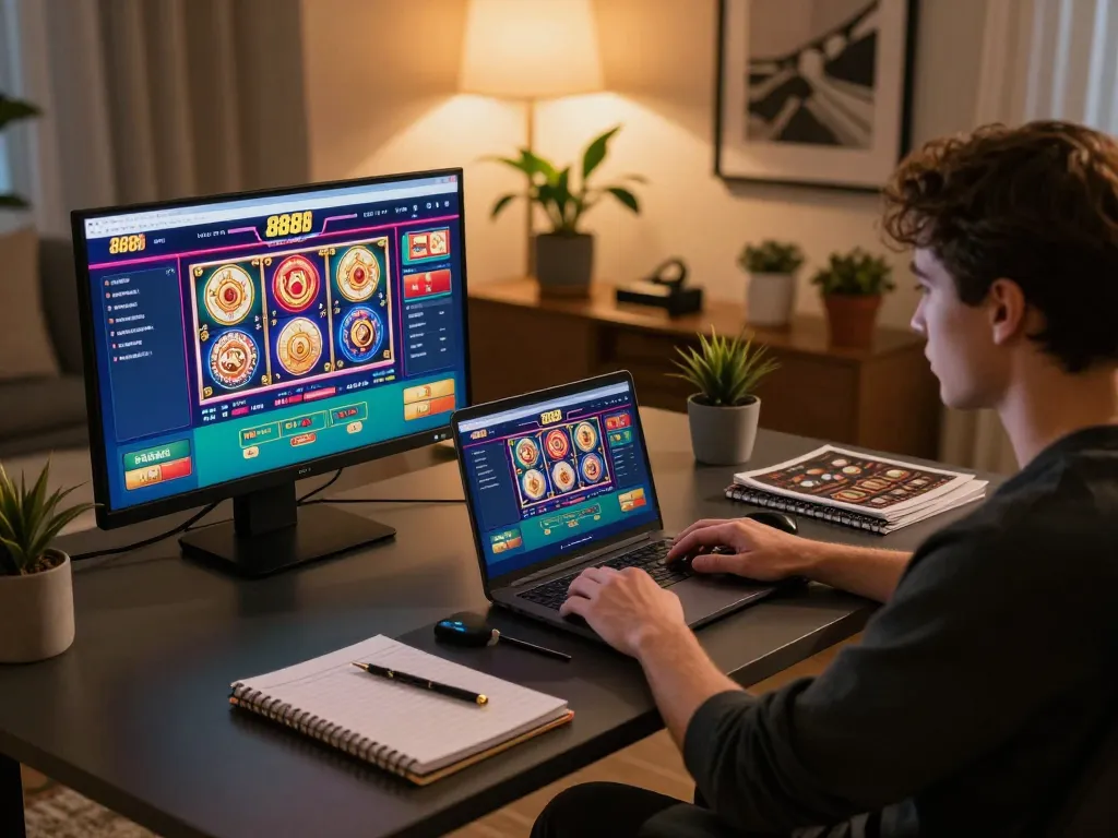 Player enjoying 888b online casino experience at home with laptop showing vibrant casino games