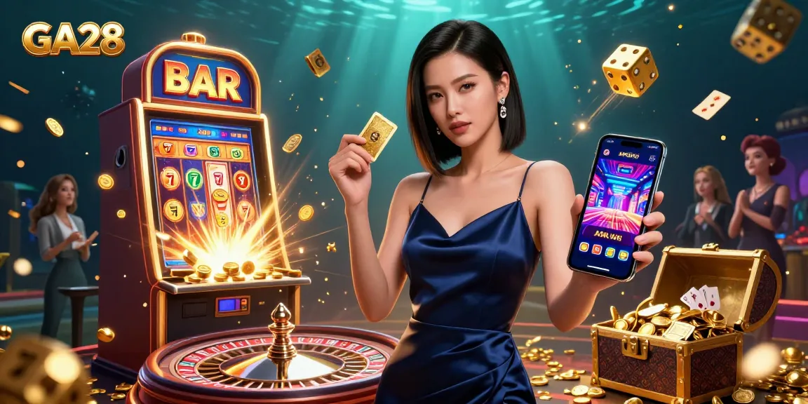 GA28 casino scene with a stunning Asian woman managing her chip and smartphone amidst dynamic gaming elements.