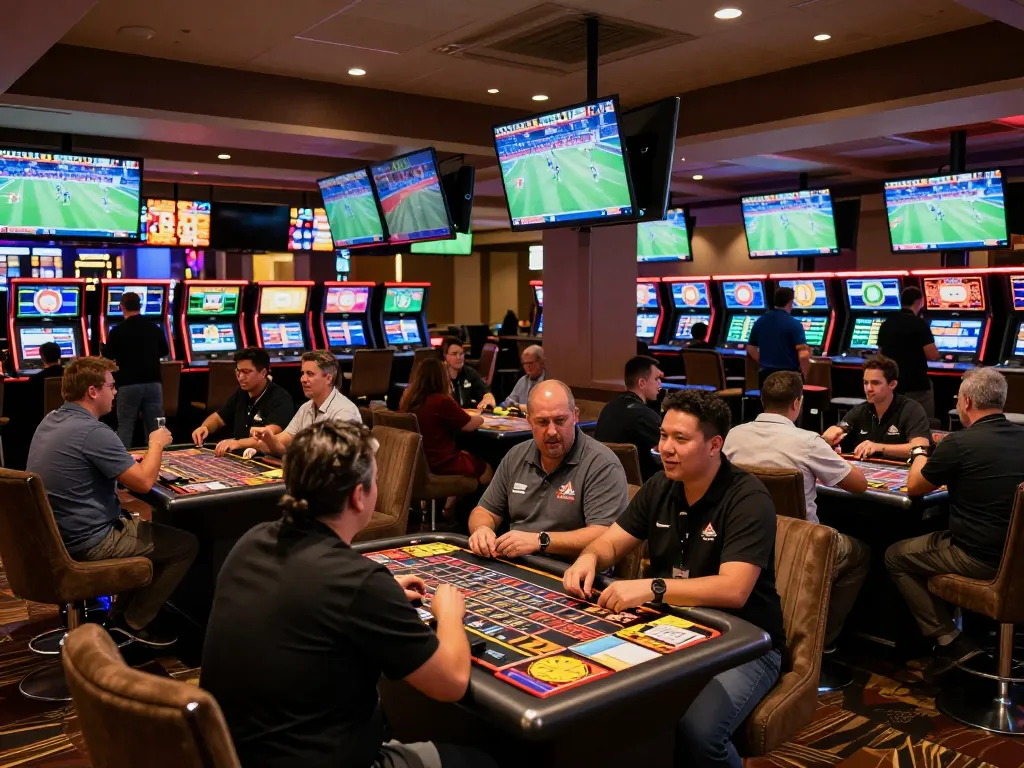 Bongdalu users engaging in sports betting at an upscale casino sportsbook area