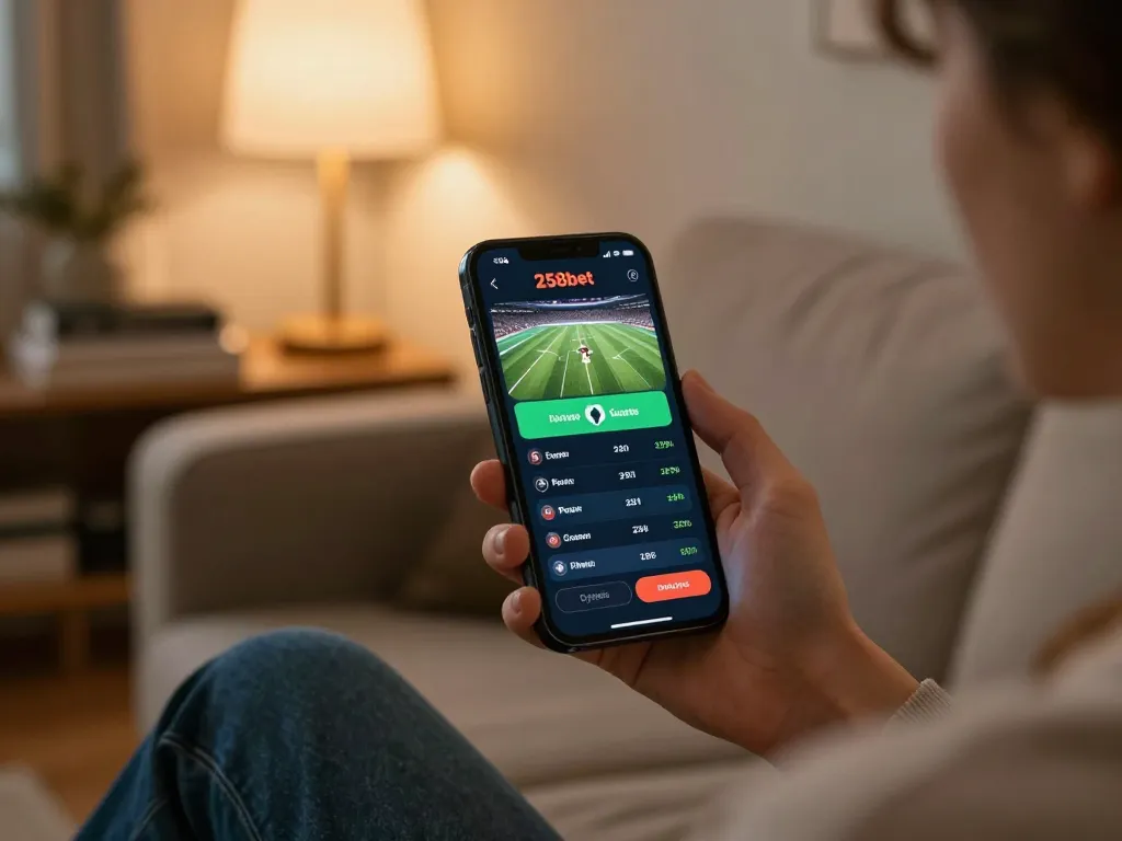 Engaged gambler using 258bet app on smartphone for strategic betting