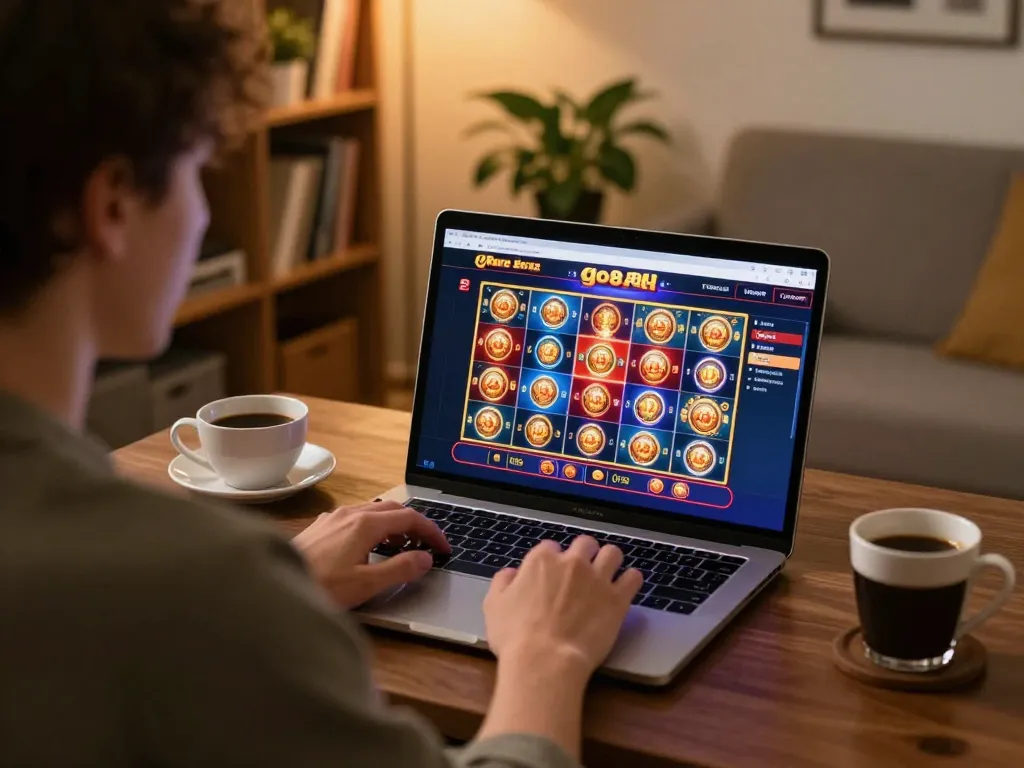 A player engaged with the go8 casino interface on a laptop, showcasing a cozy online gambling setup.