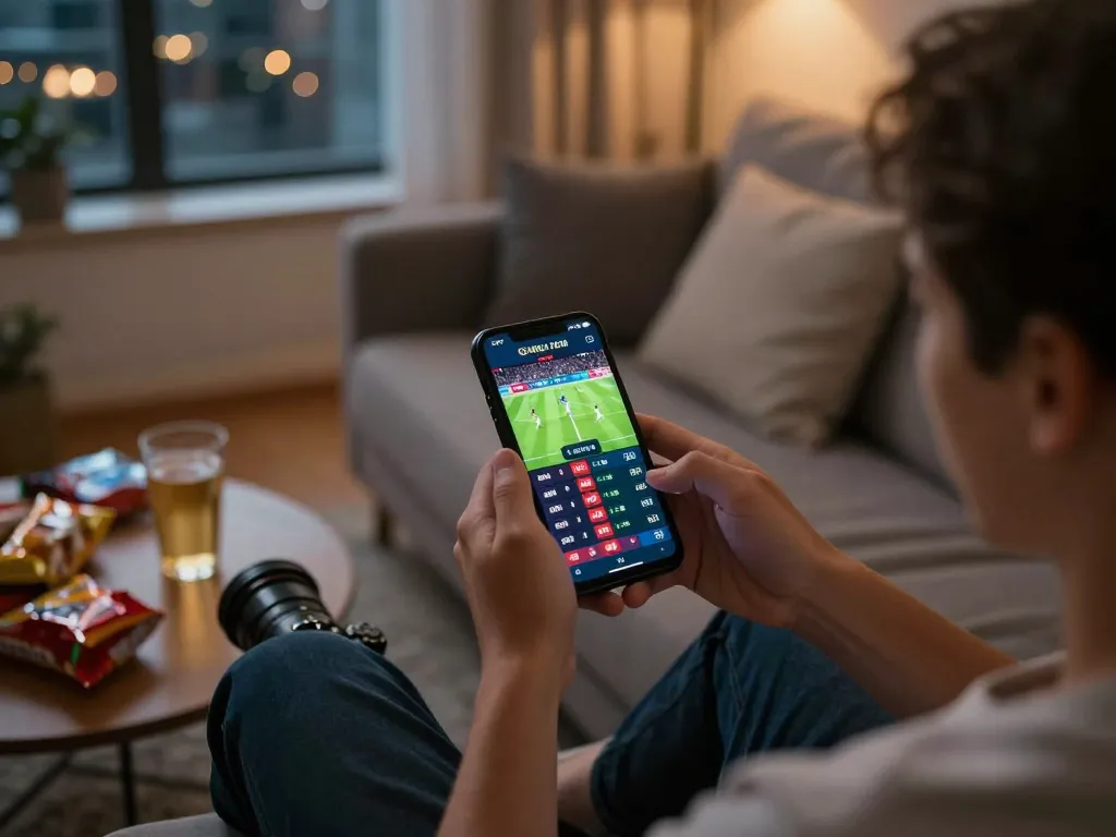 Engaging in sports betting on fabet with live odds during a football match at home.