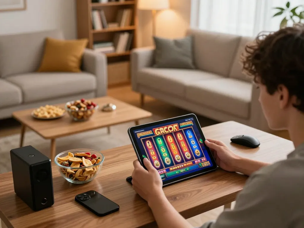 Enjoying slot gacor on a tablet in a cozy home setup with warm lighting and snacks.