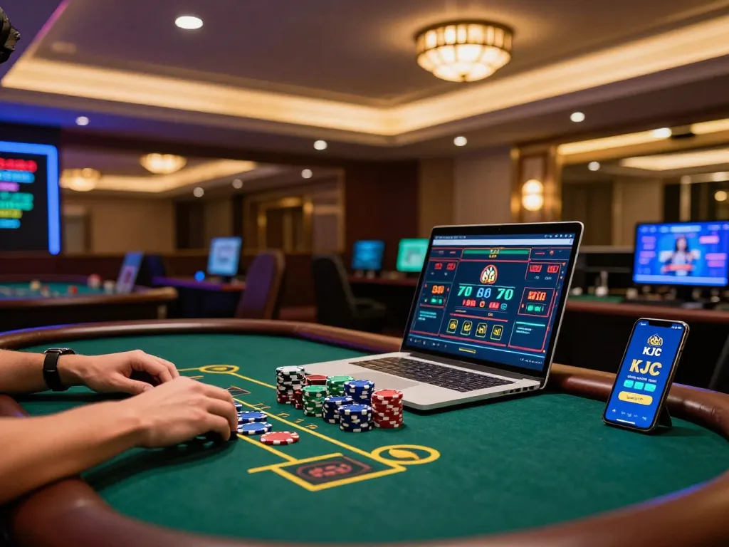 KJC player engaging in online casino gameplay with vibrant lighting and modern setup.