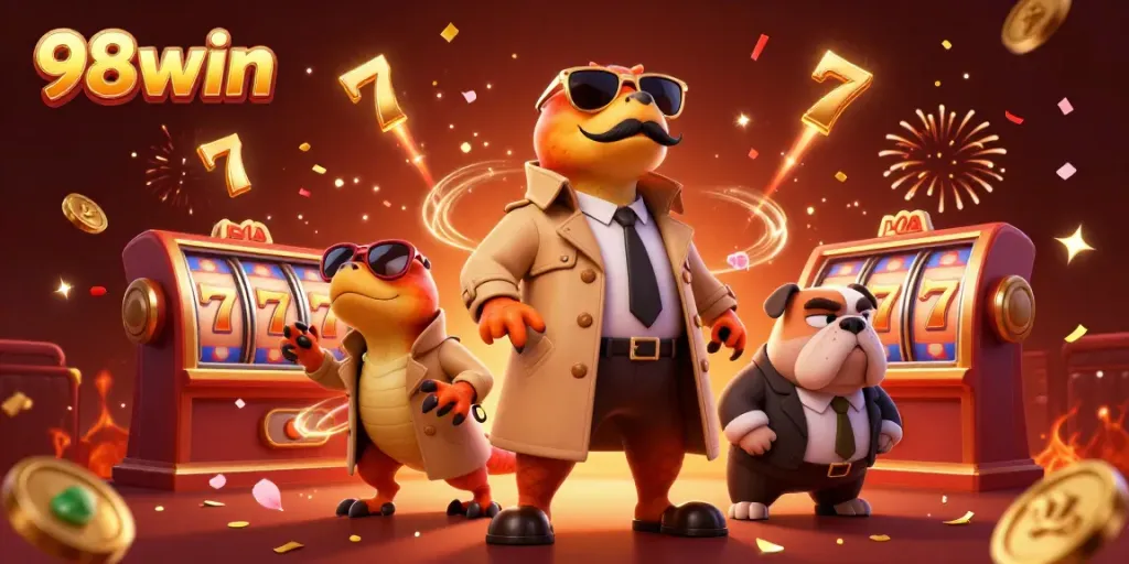 Join the fun at 98win with vibrant casino-themed raptors in a colorful lounge filled with fireworks and confetti.