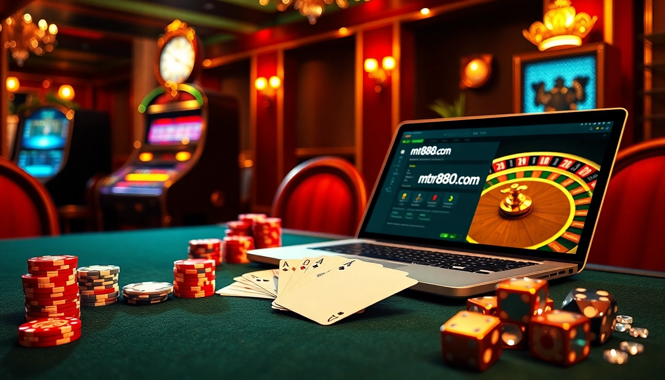 Experience thrilling gameplay at https://mtr888.com/ with vibrant poker chips, casino tables, and roulette wheels.