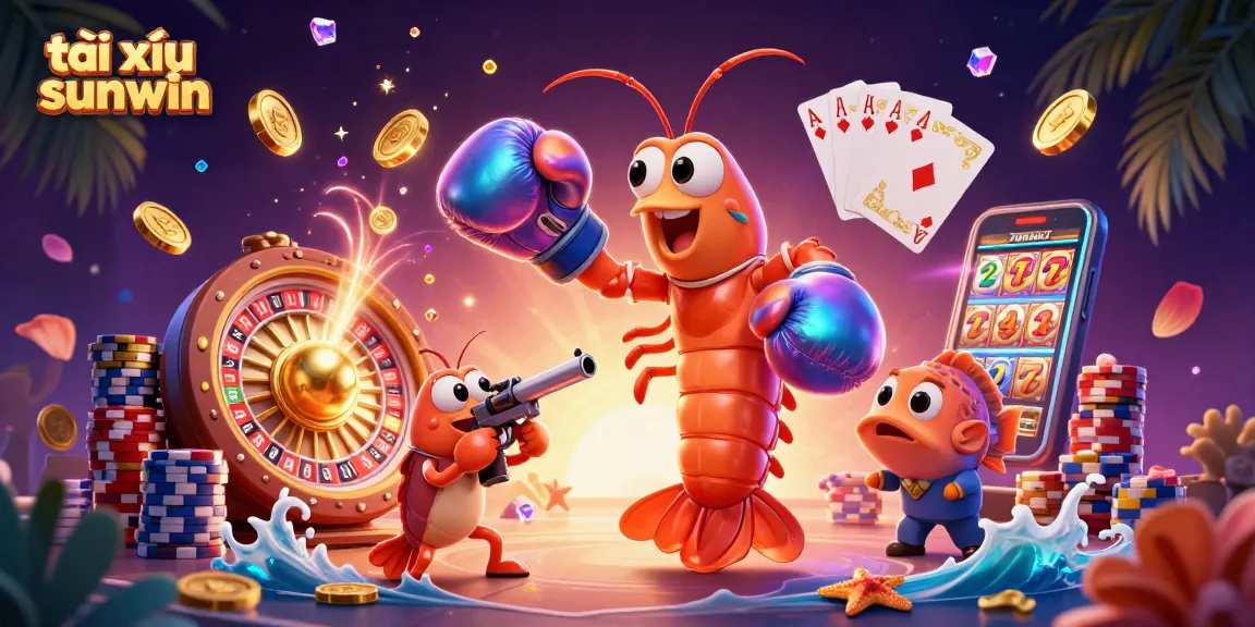 Experience the excitement of tài xỉu sunwin with bold shrimp characters and vibrant casino elements in this dynamic scene.