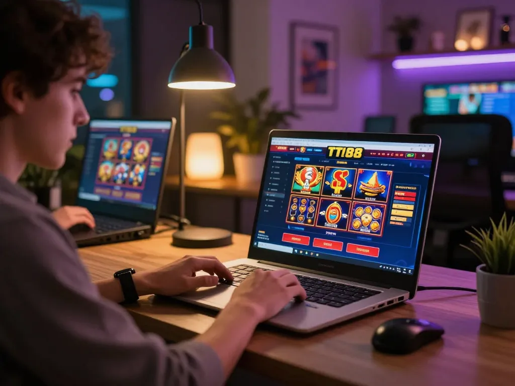 Engaging scene of a player at TT88 casino exploring online gaming options on a laptop, showcasing a vibrant atmosphere