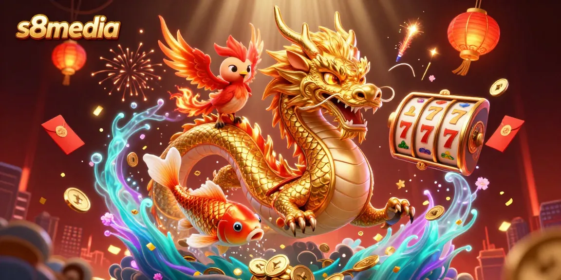 Experience thrilling slots at s8media with a dynamic scene featuring a golden dragon and lucky koi fish.