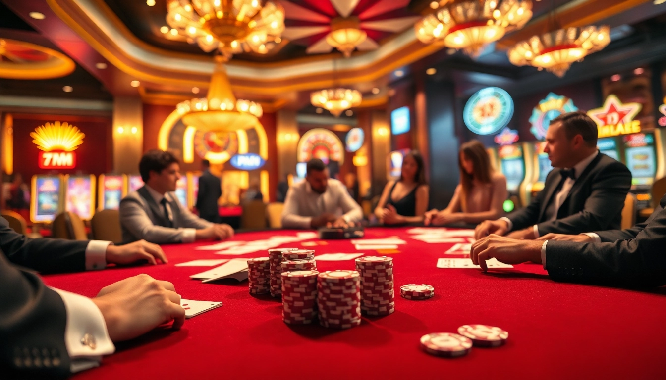 The 7M casino scene showcases players at a high-stakes poker table, embodying luxury and excitement in gambling.
