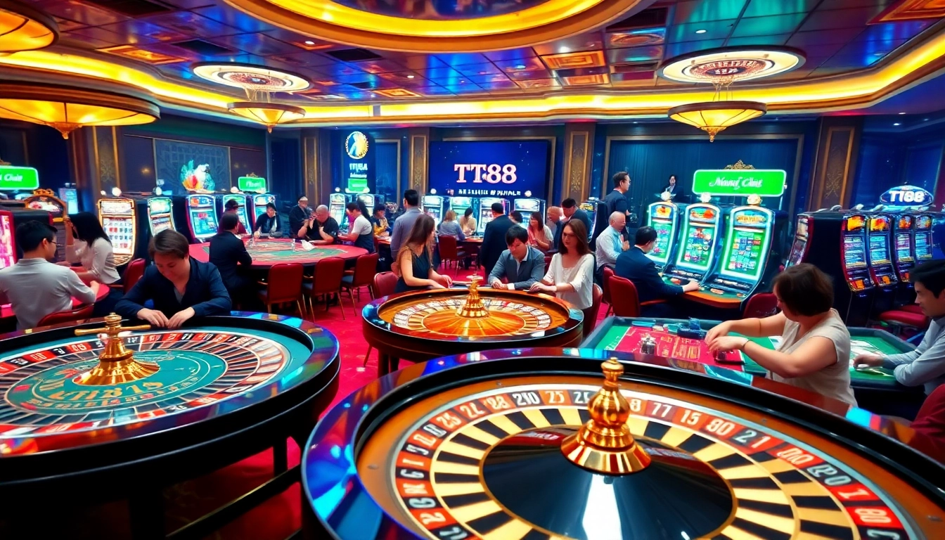 Exciting gambling scene showcasing Nhà cái TT88 elements with casino tables, poker chips, and players in action.