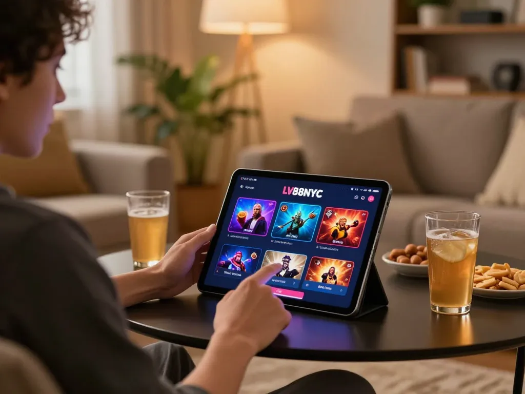 A person enjoying gaming on the LV88NYC app in a cozy living room setting.