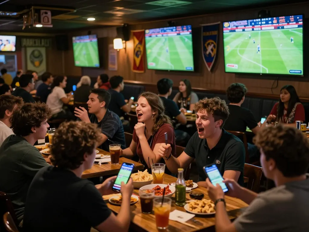 Excited patrons cheering for live football matches while checking ผลบอล scores on mobile devices.