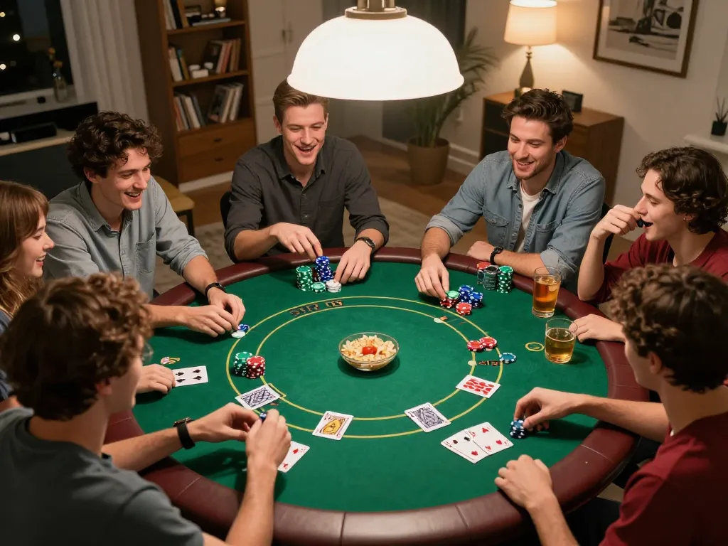 Friends enjoy an exciting poker game at home, showcasing hitclub atmosphere with vibrant chips and cards.