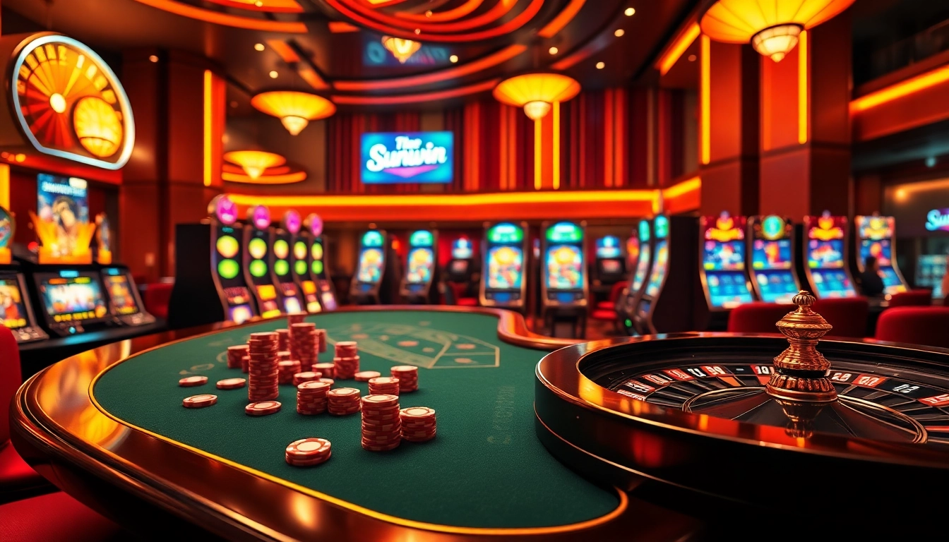 Experience thrilling gameplay at Sunwin with vibrant casino visuals, poker chips, and engaging slot machines.
