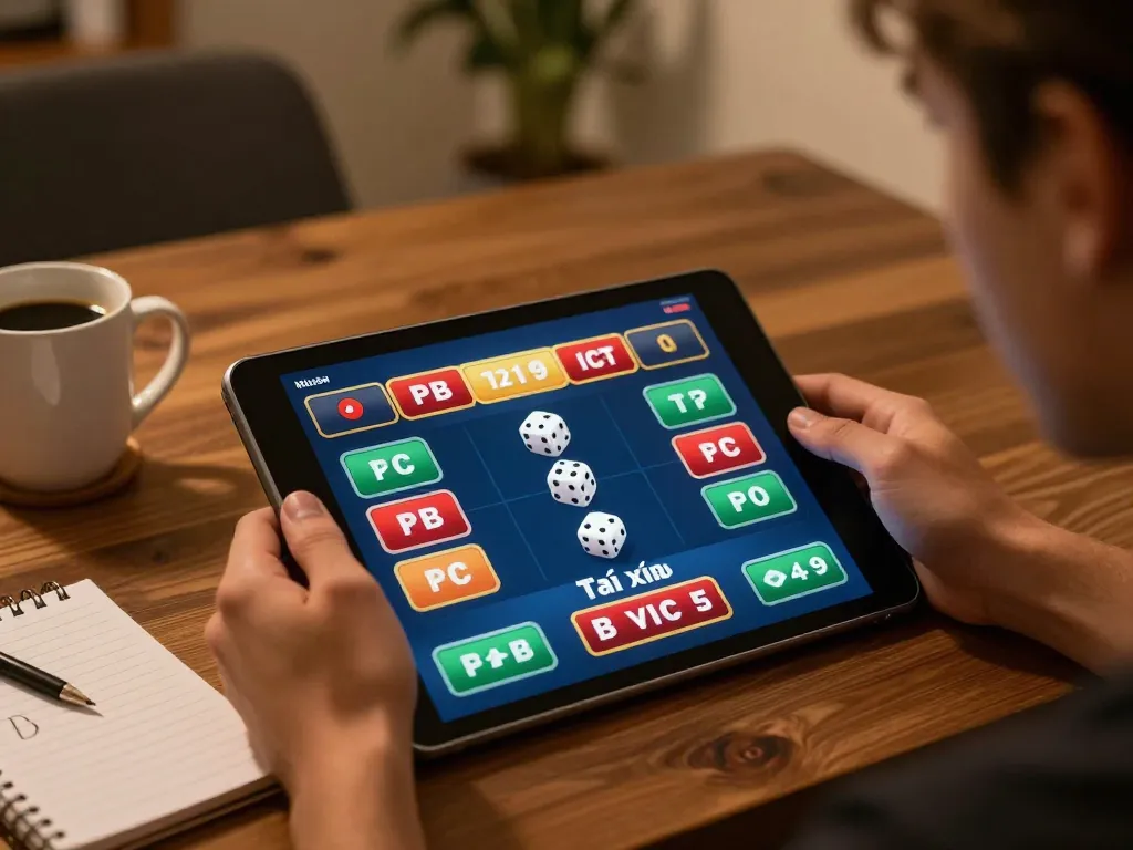 Tài xỉu online gameplay on a tablet at home with strategy notes beside.