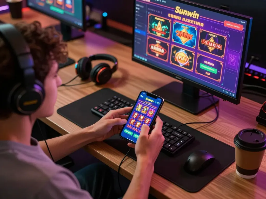Player enjoying Sunwin app on mobile at home, engaging in exciting online gaming.