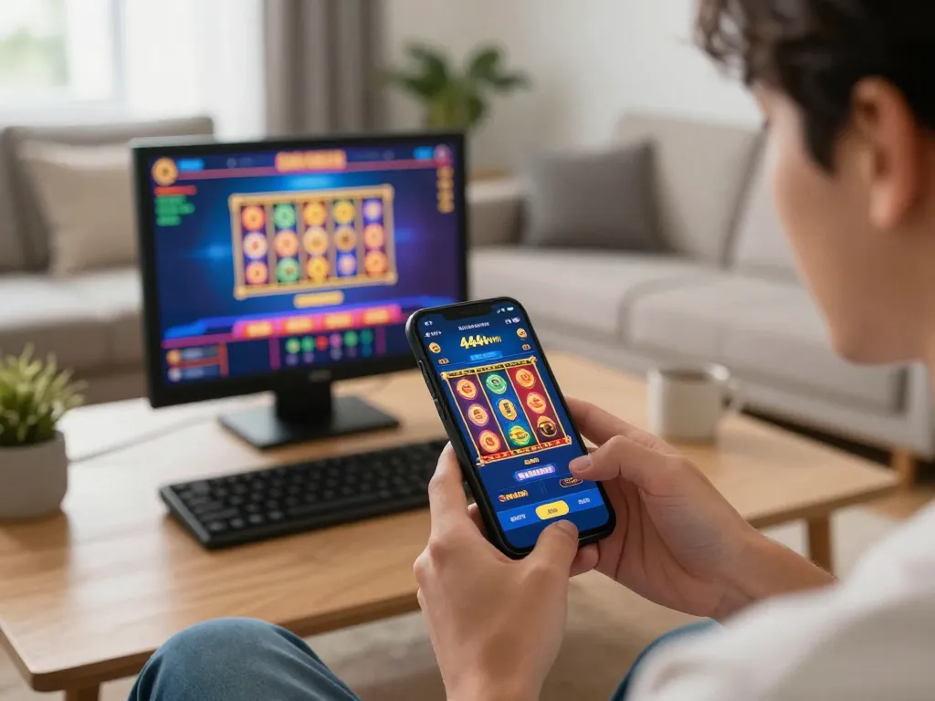 Engaging moment of gaming with the 4444win app showcasing exciting slots on a smartphone.