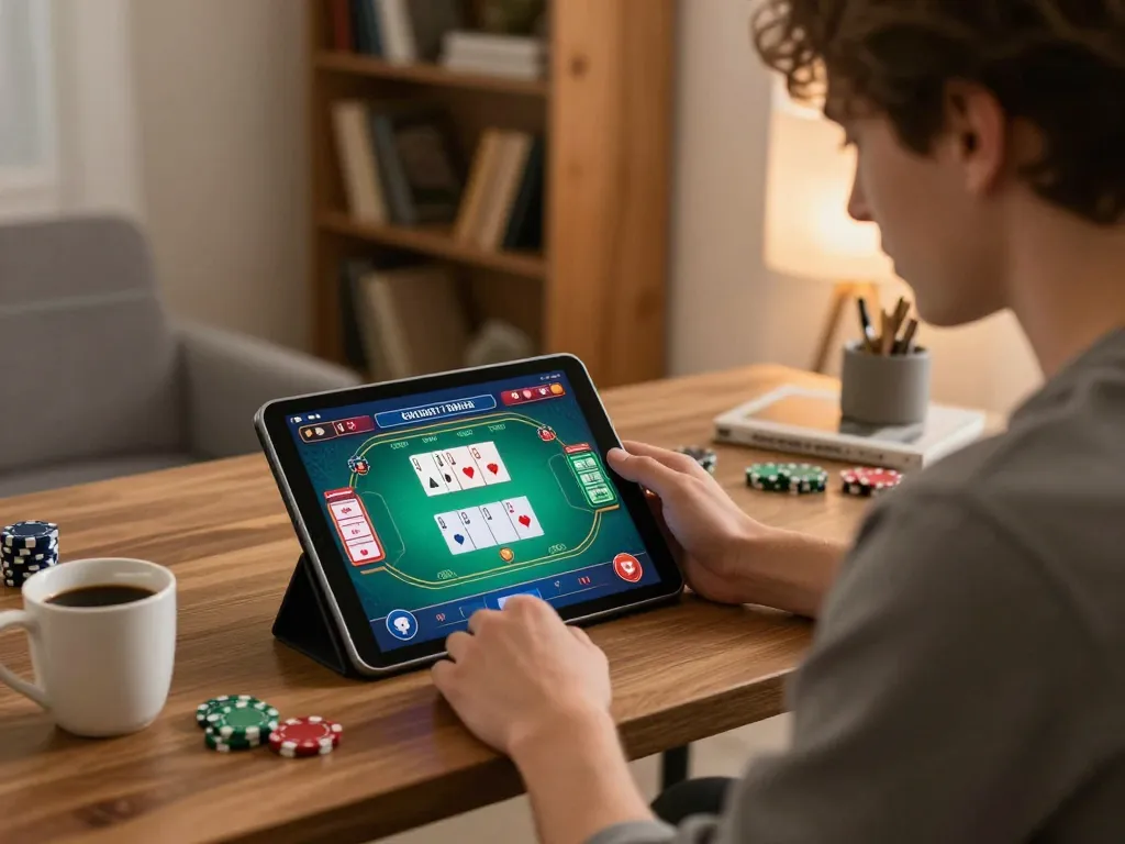 Xocdia88 player focused on online poker game interface in cozy home environment.