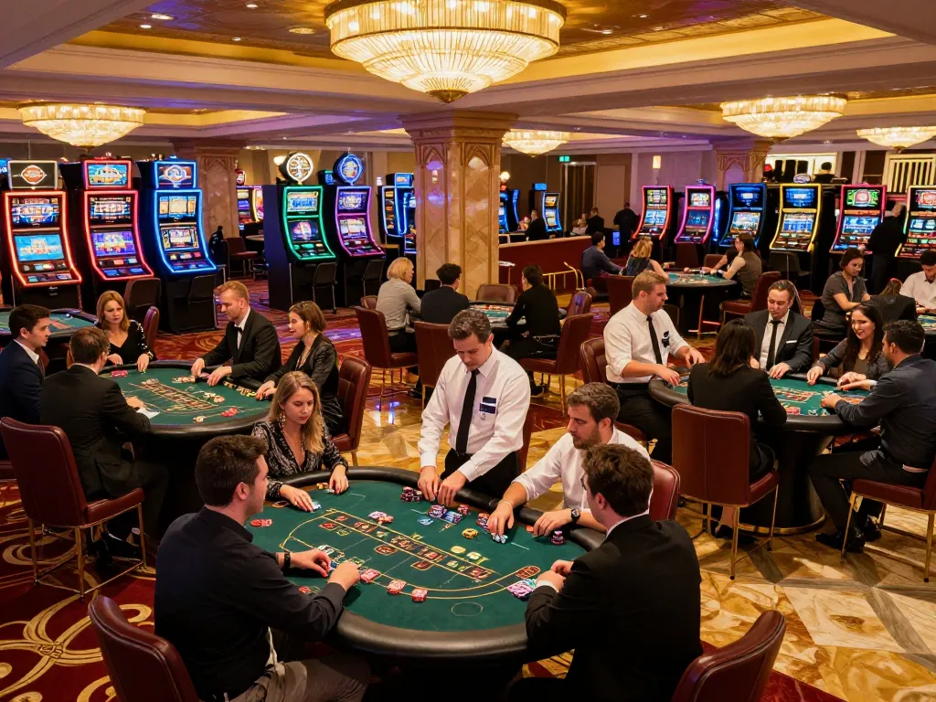 Kubet88 players engaged in thrilling card games on a busy casino floor, showcasing high-stakes excitement.