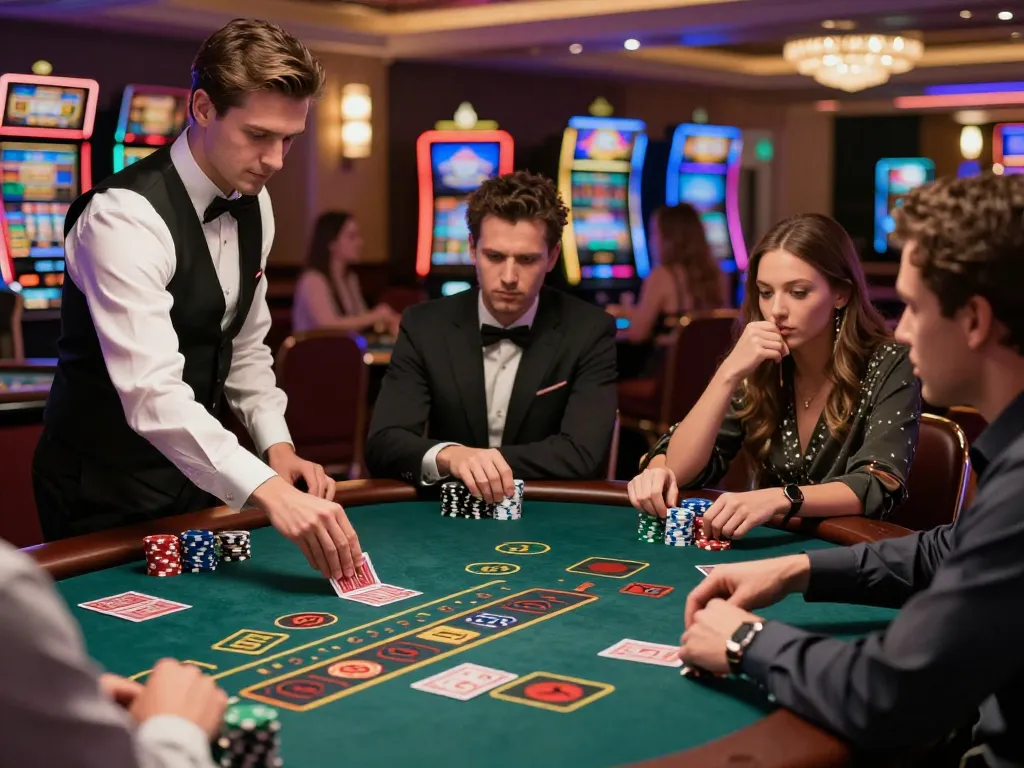 Các người chơi LUCK8 tham gia vào một trận blackjack có mức cược cao, thể hiện chiến lược và sự phấn khích tại một casino cao cấp.