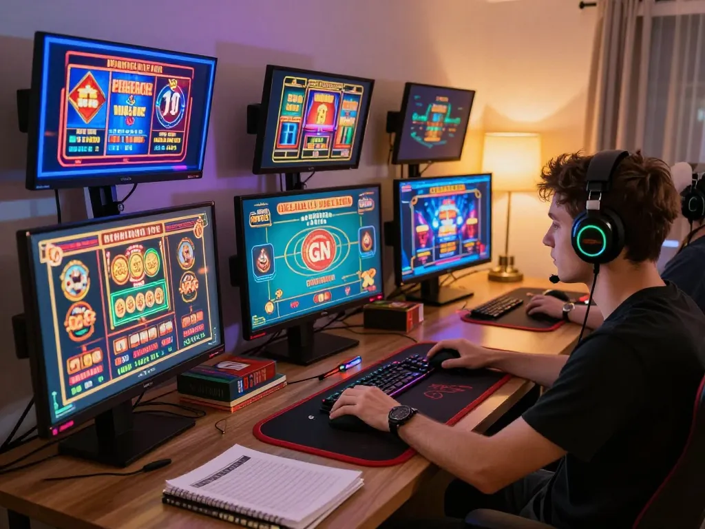 Engaged player strategizing at multiple screens on https://sin88.expert/ for thrilling online gambling.