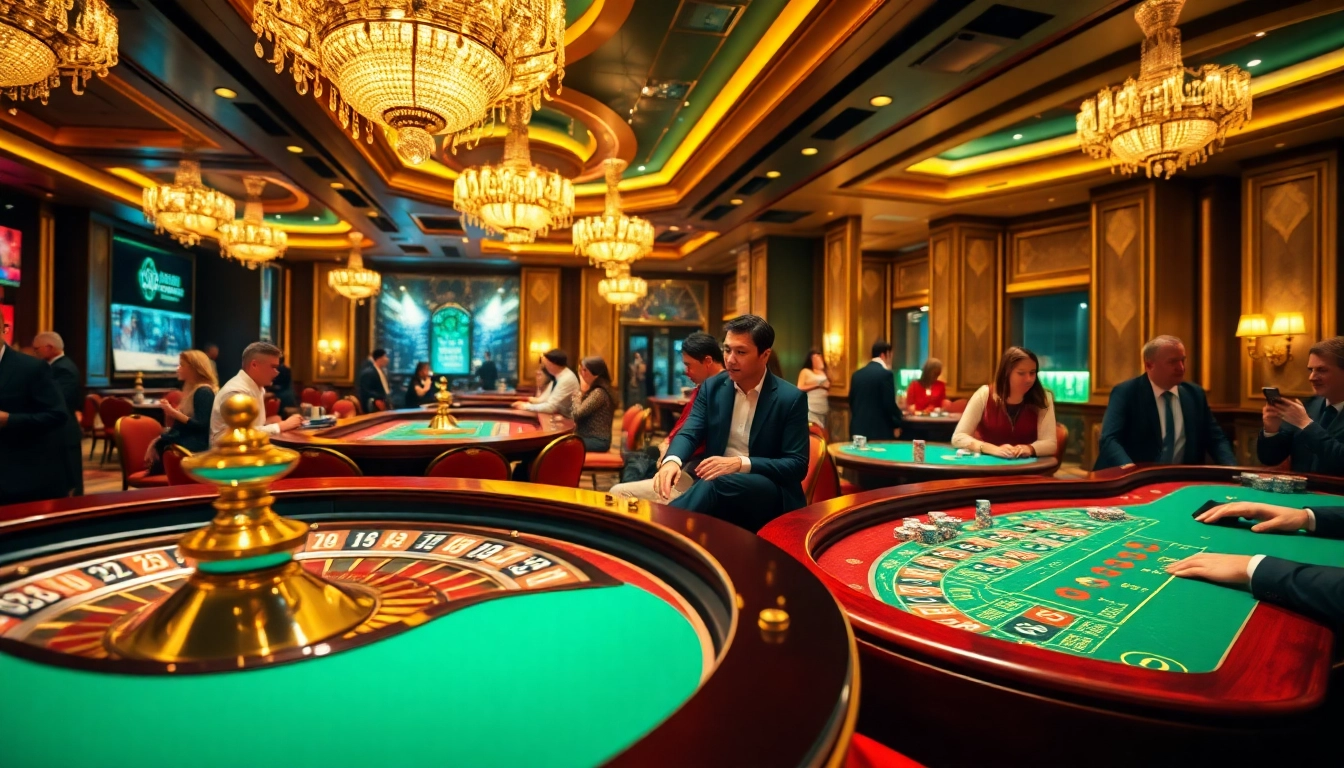 Experience thrilling action at OK9 with elegant poker tables and roulette in a vibrant casino atmosphere.