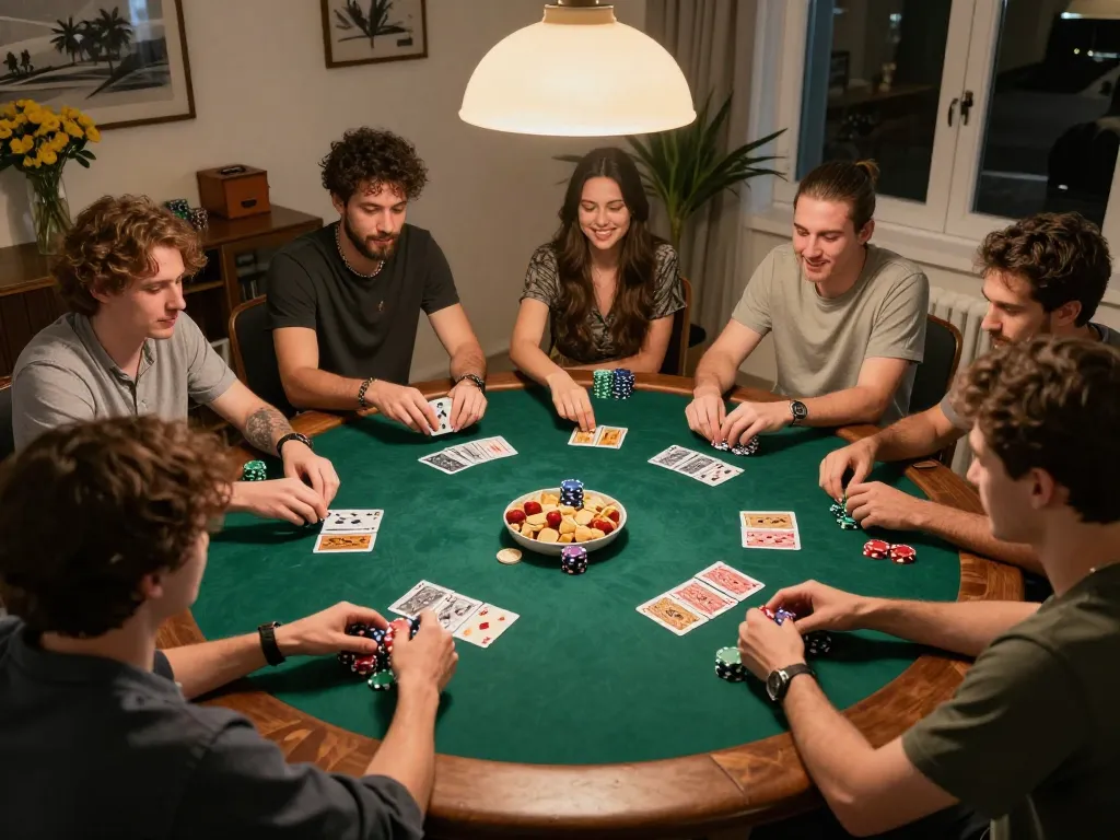 Friends enjoying a competitive home poker night at table with cards and chips, experiencing cakhiatv.