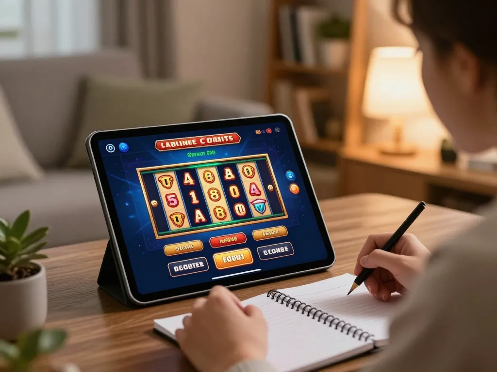 Player engaging in an online sunwin slot game on a tablet in a cozy home setting