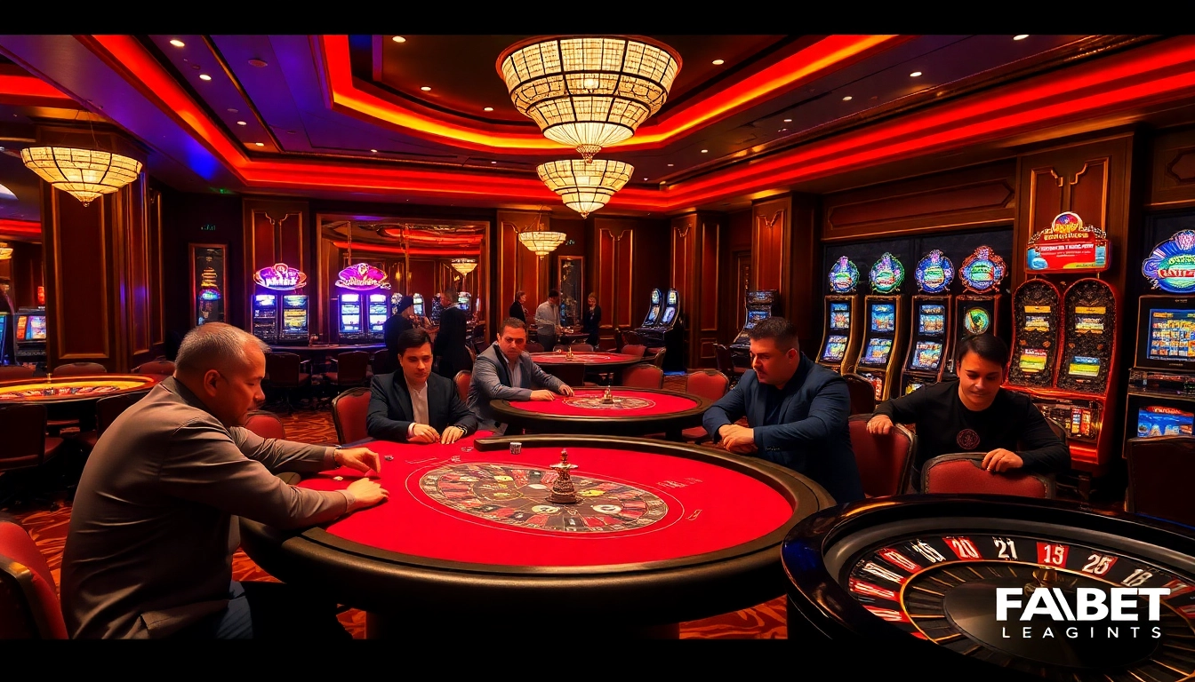 FABET poker players engaged in a high-stakes game with vibrant slot machines in the background.