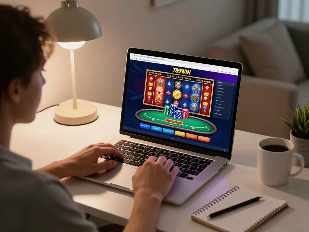 Engaging in online gaming at 789WIN using a laptop with vibrant slot games on display, in a cozy home setup.