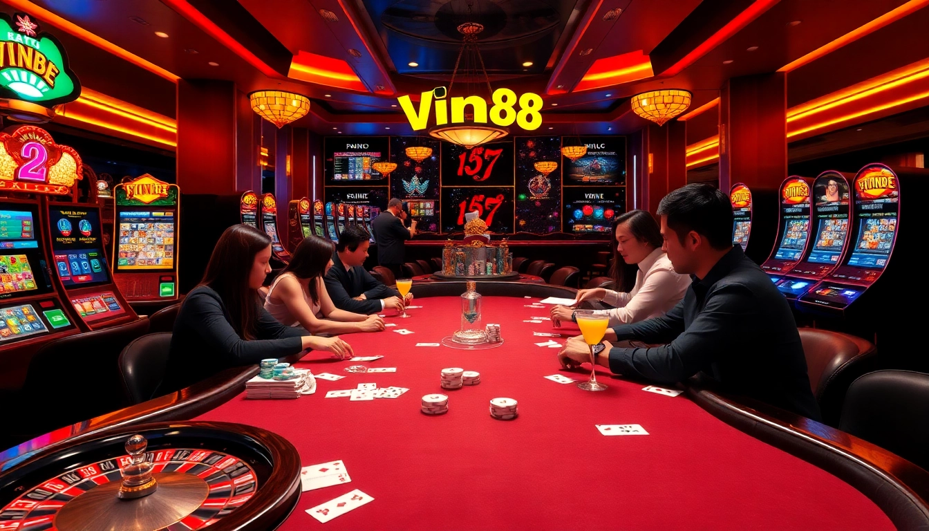 Experience the thrill of Vin88, the leading online gambling platform featuring a vibrant casino atmosphere with poker and slots.