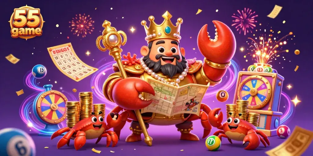 Engage with the vibrant 55 club game, where a golden crab adds excitement with colorful lottery elements.