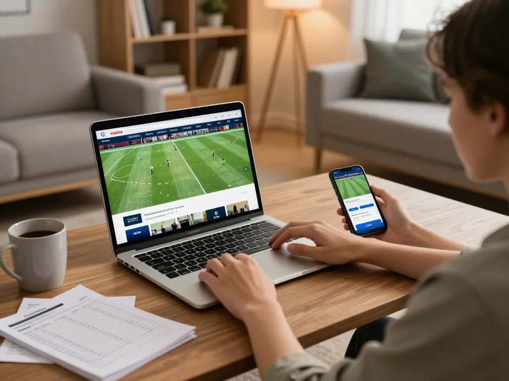 Socolive user engaged in sports betting using laptop and smartphone in inviting home environment
