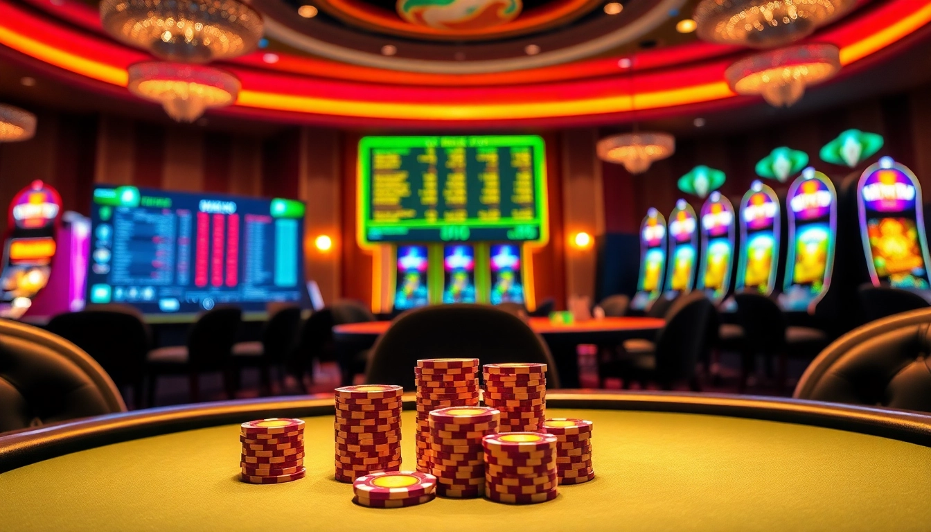 Experience thrilling gaming action at https://nk88zz.bio/ with vibrant visuals of poker chips and casino tables.