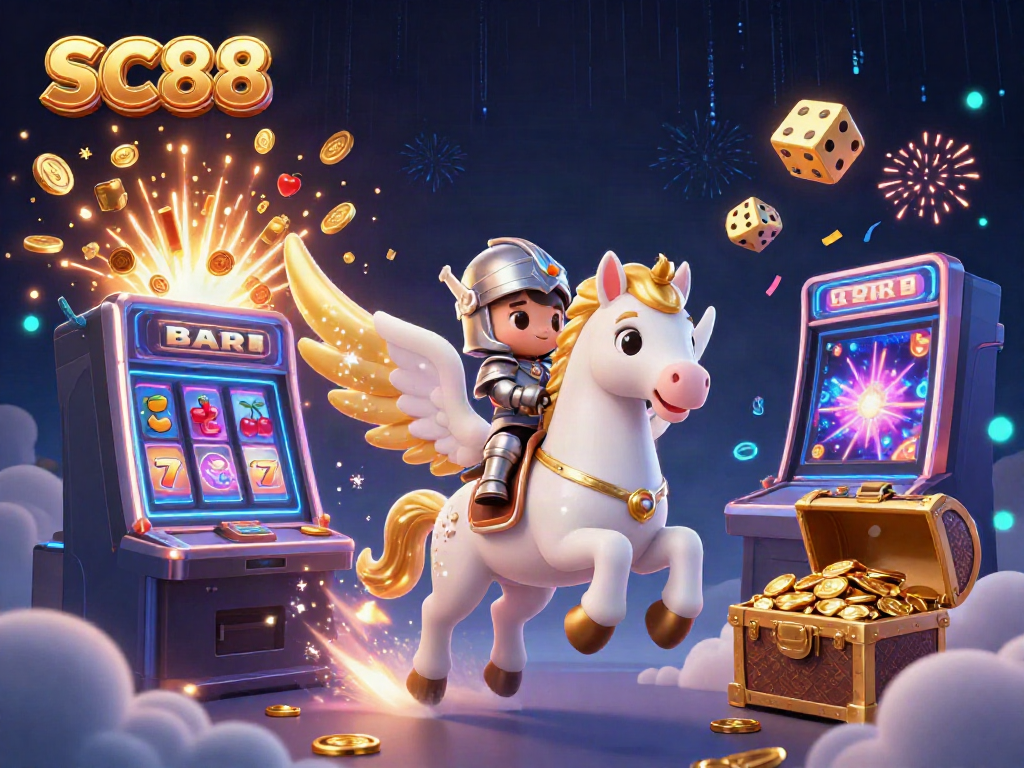 Experience thrilling wins at SC88, featuring a galloping celestial horse and vibrant casino elements.