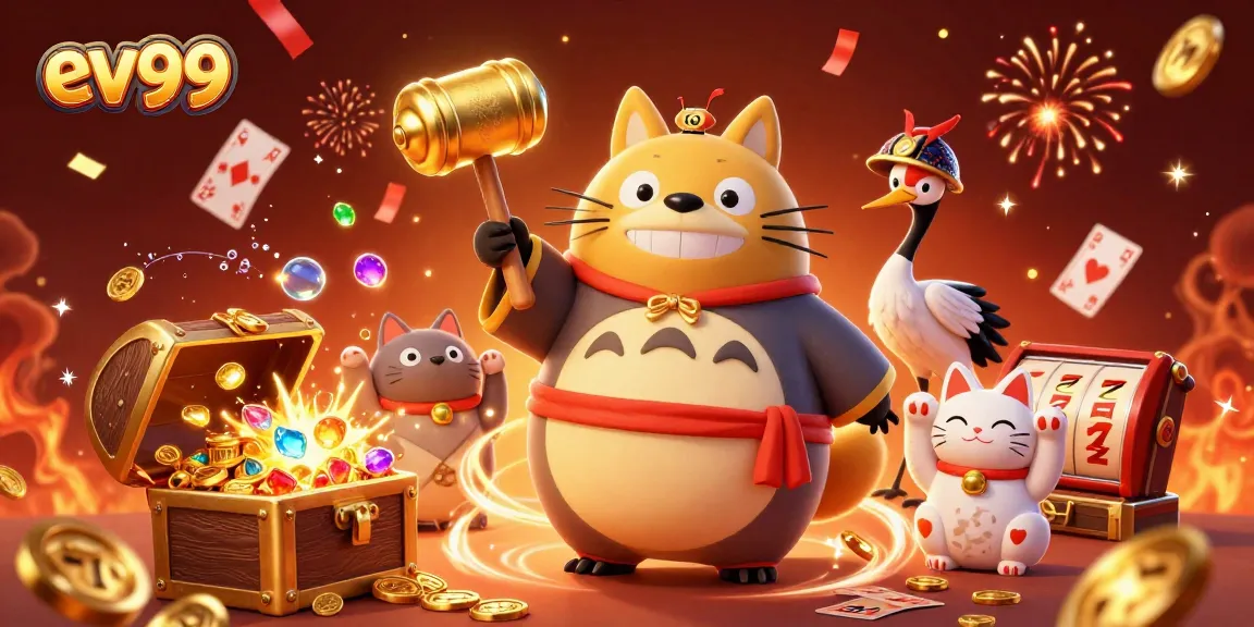 ev99 gamers celebrate a big win with colorful slots and casino elements in an exciting scene.